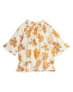 [MINIRODINI] Flowers woven bow blouse /Beige [92/98, 116/122, 128/134]