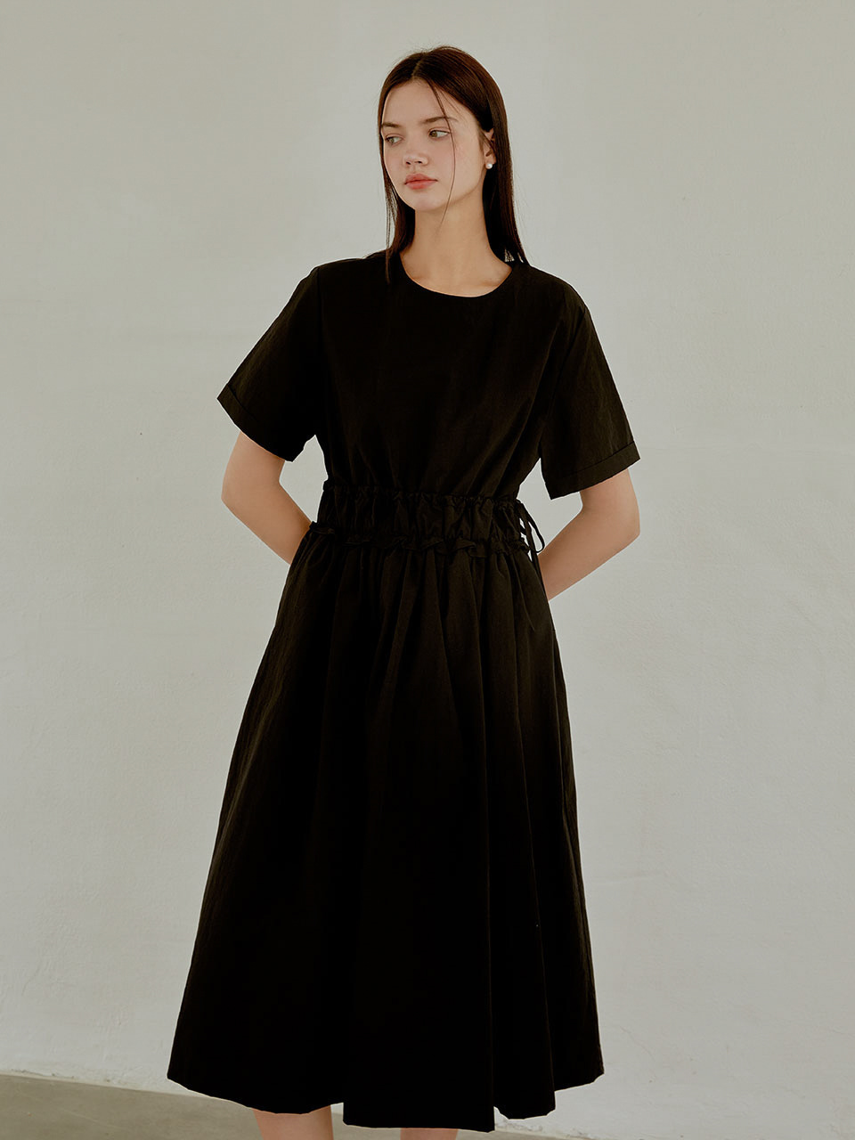 Daily shirring long dress (black)