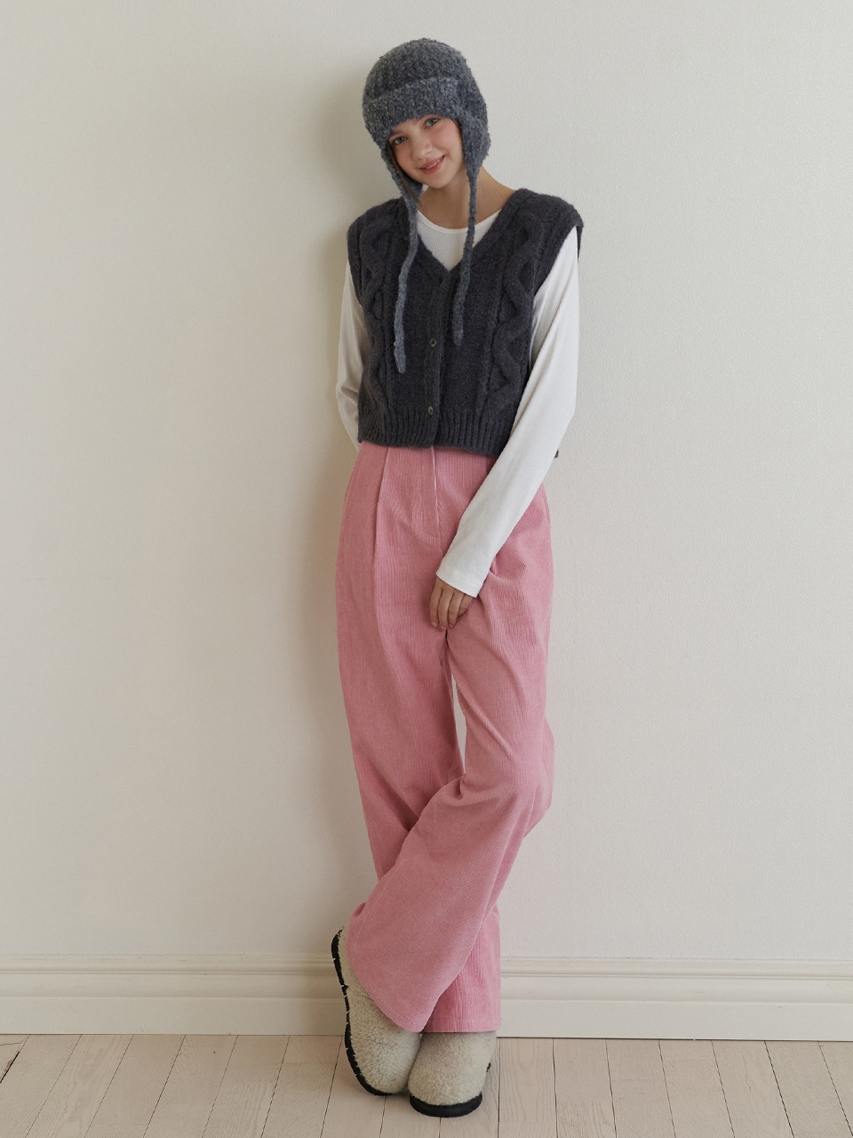 Corduroy pintuck pants (pink)