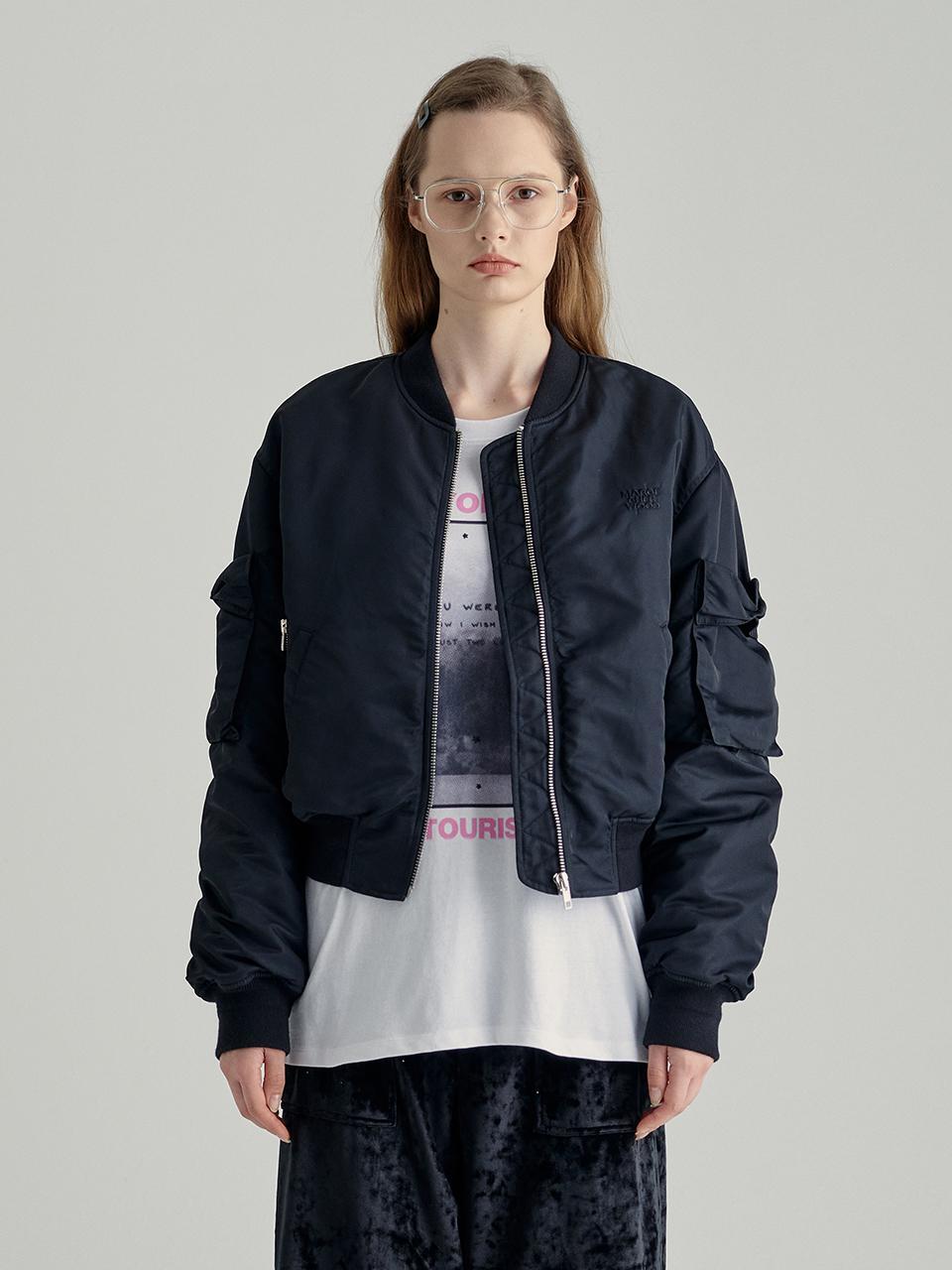 RIBBON OUTPOCKET BOMBER JACKET_black