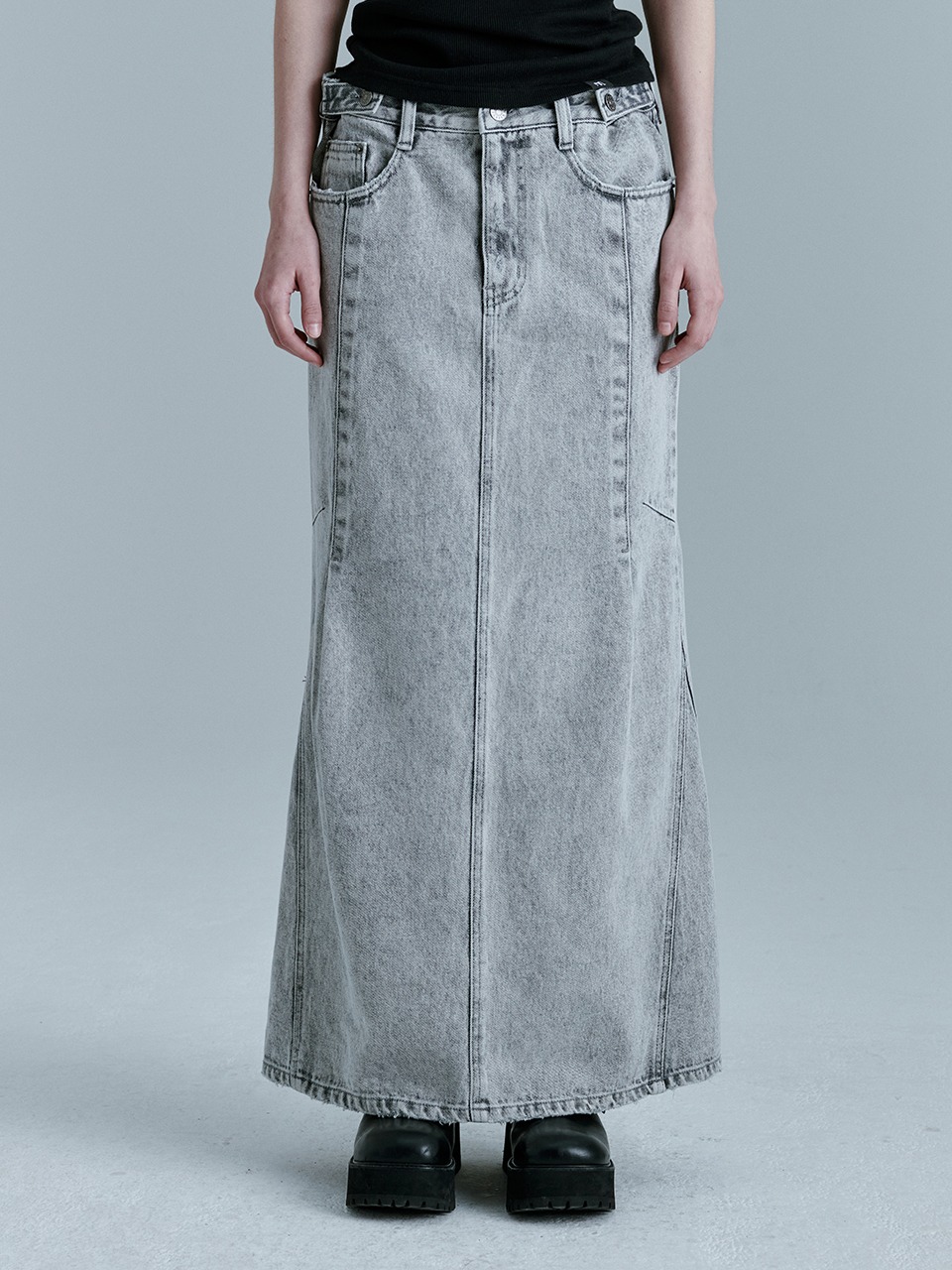 PINTUCK MAXI DENIM SKIRT_grey denim