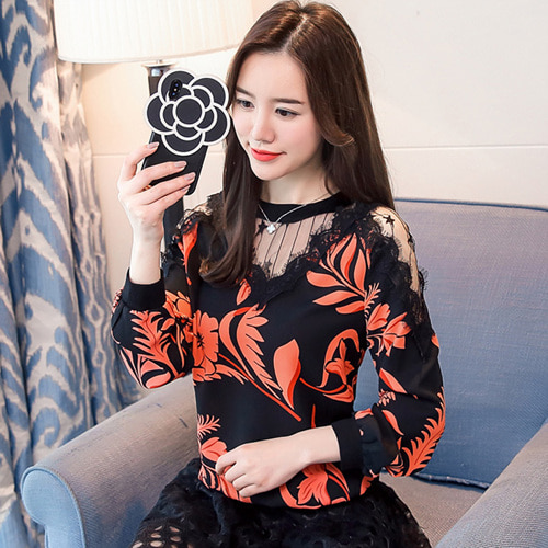 [해외] 신상 여성 패션 블라우스 긴팔 꽃무늬 쉬폰 레이스