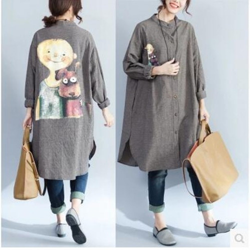 [해외] 여성 캐주얼 봄가을 빅사이즈 프린트 체크무늬 롱 셔츠