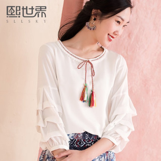 [해외] HOT신상 여성 민족풍 쉬폰 티셔츠 7부소매 나팔셔츠