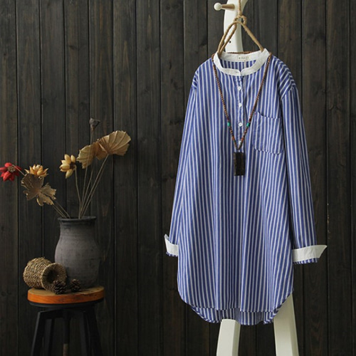 [해외] TOP신상 패션 캐주얼 여성 느슨한 체크무늬 복고 면마 미니얼 민족풍 롱셔츠