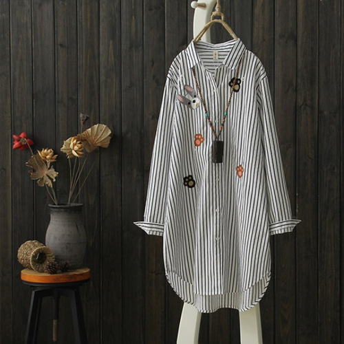 [해외] TOP신상 패션 캐주얼 여성 면마 체크무늬 느슨한 캐릭터 미니얼 민족풍 셔츠