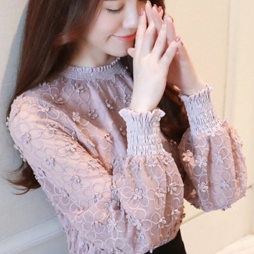 [해외] HOT신상 여성 레이스 블라우스 잔꽃무늬 소매조임 티셔츠
