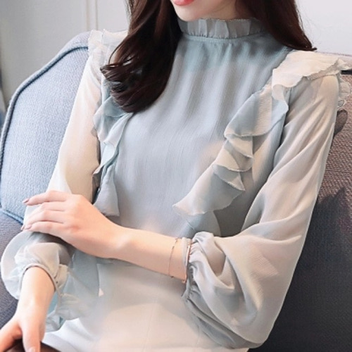 [해외] HOT신상 여성 쉬폰 프릴날개 블라우스 벌룬소매 티셔츠