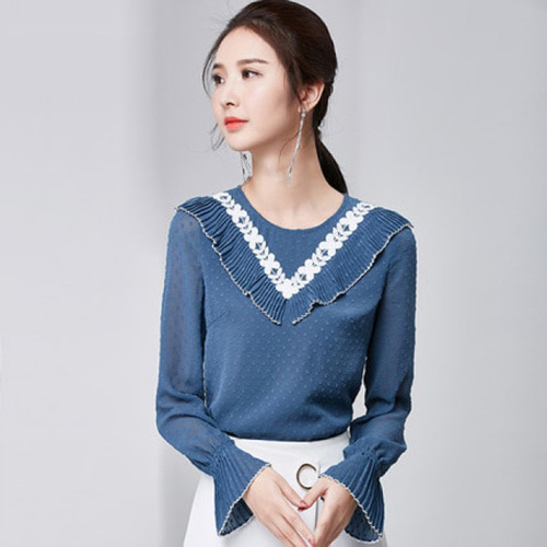 [해외] HOT신상 여성 브이넥 블라우스 티셔츠 나팔소매 배색 캐주얼티셔츠