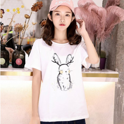 [해외] TOP신상 패션 캐주얼 여성 미니얼 순색 토끼 캐릭터 반소매 티셔츠