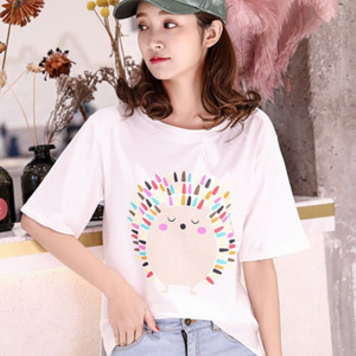 [해외] TOP신상 패션 캐주얼 여성 미니얼 순색 인화 귀여운 반소매 티셔츠