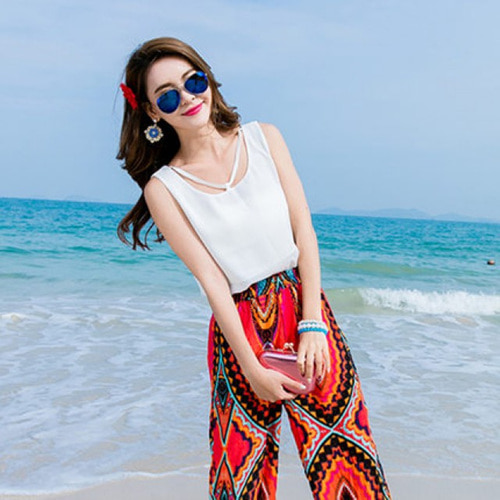 [해외] 여성 여름 셔츠 민소매 브이넥 캐주얼 비치 쉬폰