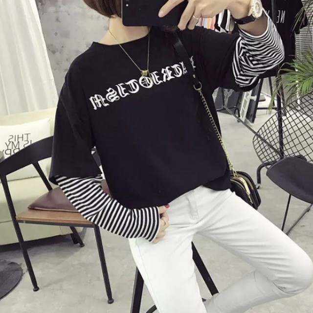 [해외] TOP신상 패션 느슨한 조합 맨투맨 BF풍 체크무늬 티셔츠