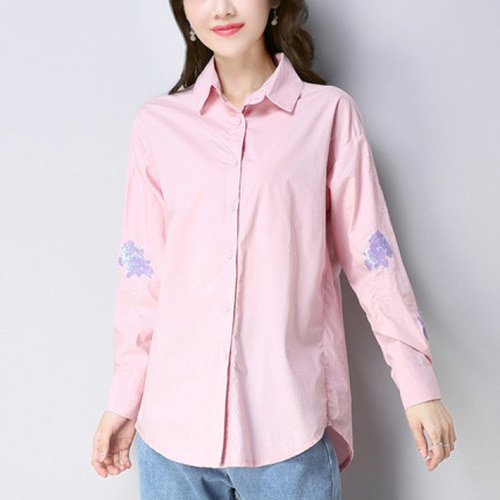 [해외] 신상 여성 캐주얼 면 셔츠 남방 반짝이자수 꽃무늬 로즈