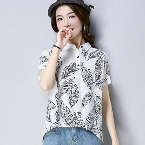 [해외] TOP신상 패션 캐주얼 여성 미니얼 느슨한 인화 라펠 짧은소매 티셔츠