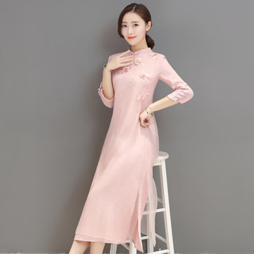 [해외] 2018 봄여름 중국 스타일 자수슬리브 실크 드레스 스커트 원피스