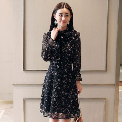 [해외] 2018 검은 꽃무늬 패턴 가벼운 드레스 원피스
