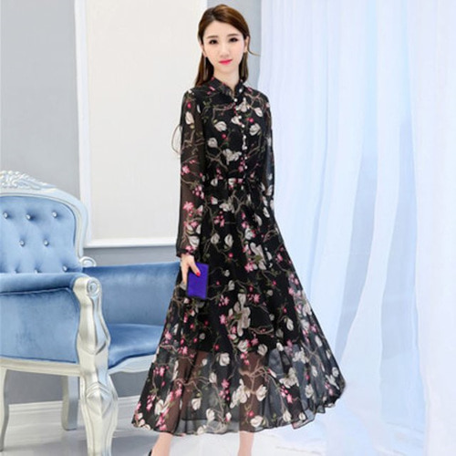 [해외] 꽃 드레스 봄 2018 패션 슬림 얇은 빈티지 시폰 드레스