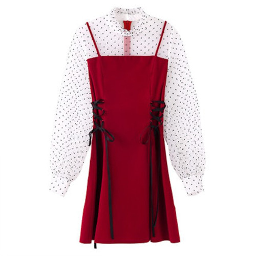 [해외] 슬림 스커트 투피스 쉬폰 빨간 드레스2018 봄