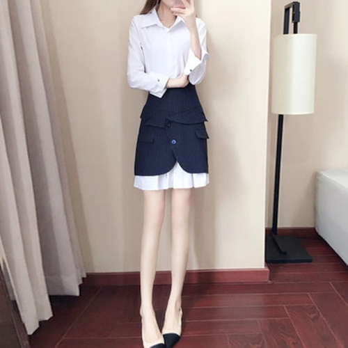 [해외] 2018 새로운 여성의 봄 긴팔 드레스 기질 투피스 정장 셔츠 스커트