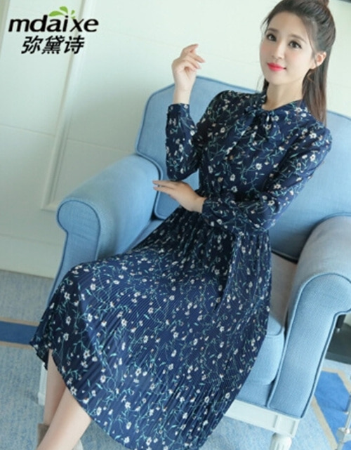 [해외] 2018 봄 탠드 칼라 긴 소매 꽃 무늬 쉬폰 드레스
