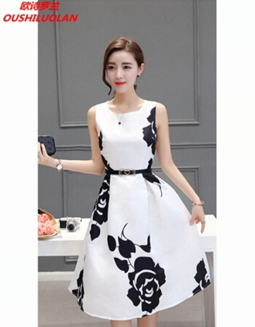 [해외] 여성 여름 긴 섹션 라운드 넥 잉크 프린팅 민소매 드레스
