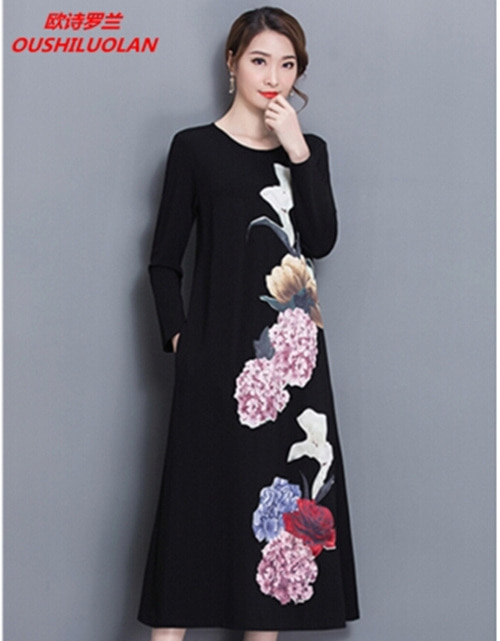 [해외] 봄 프린팅 우아한 자수 꽃 유형 얇은 긴 소매 드레스