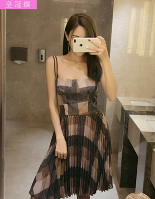 [해외] 히트 컬러 격자 무늬 하네스 드레스
