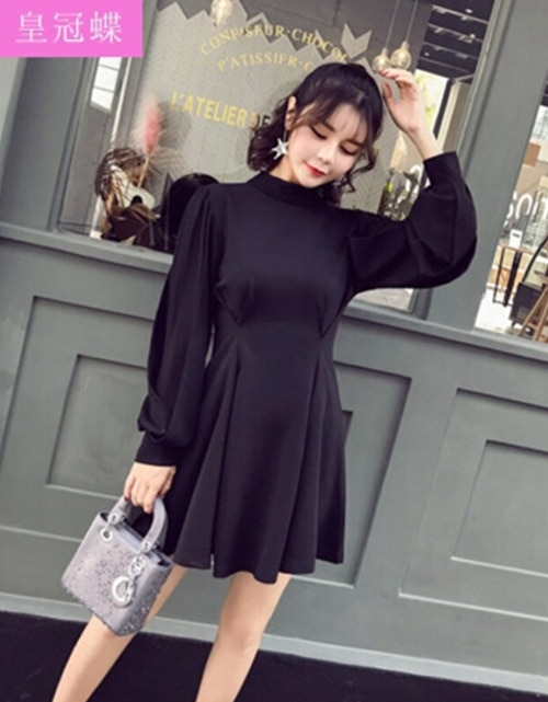 [해외] 2018년 봄 랜턴 슬리브 칼라 홀터넥 블랙 드레스
