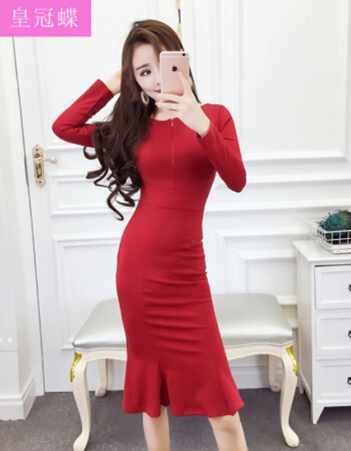 [해외] 2018년 우아한 여성 라운드 넥 긴 소매 지퍼 활공 스커트 드레스