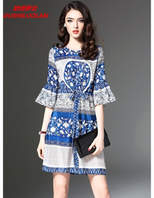 [해외] 새 봄 패션 스타일 프린트 실크 드레스