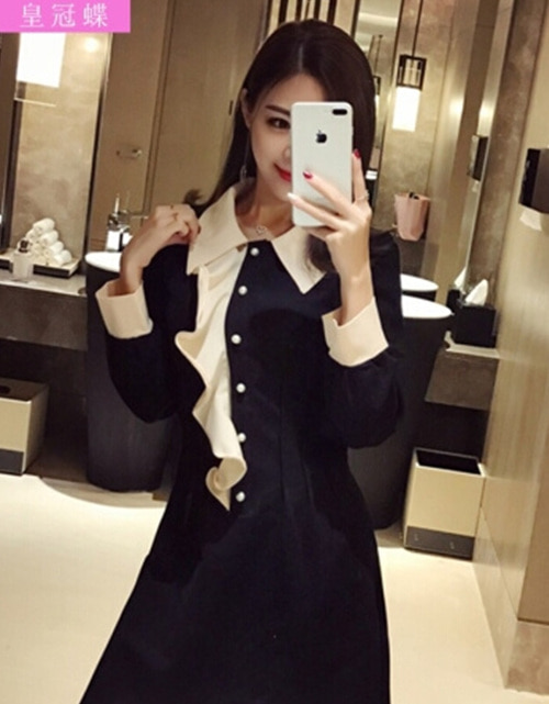 [해외] OL 히트 컬러 옷깃 하나의 가슴 허리는 검은 색 긴 소매 드레스
