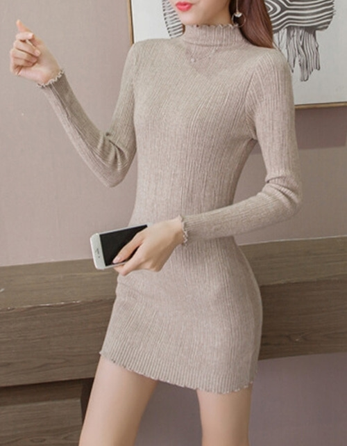 [해외] 솔리드 컬러 긴 스웨터 풀오버 드레스