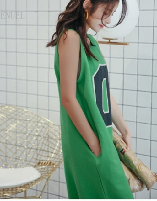 [해외] 스프링 느슨한 민소매 조끼 프린팅 T 셔츠 드레스