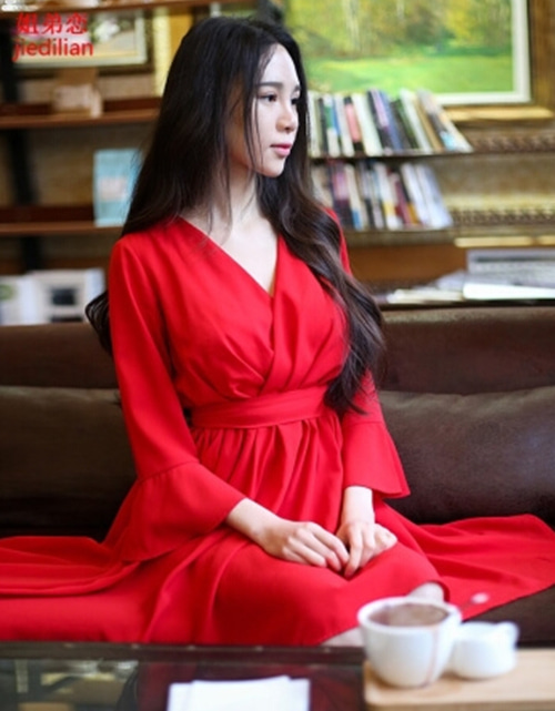 [해외] 2018년 봄과 여름 빨간 쉬폰 여성 드레스
