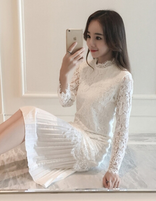 [해외] 2018년 봄 느슨한 흰색 셔츠 레이스 쉬폰 드레스