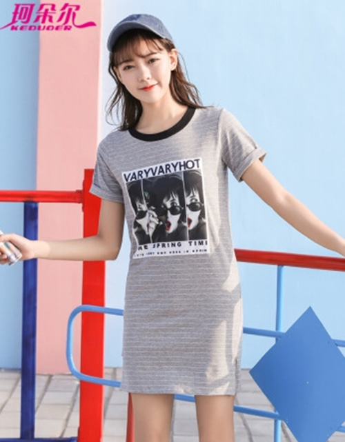 [해외] 여성 반소매 T 셔츠 여성 회색 줄무늬 스트라이프 학생 드레스 셔츠