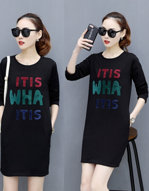 [해외] 블랙 ITIS 스프링 2018년 봄 문자 프린팅 된 T 셔츠 드레스 캐주얼 긴 섹션