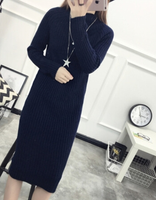 [해외] 하프 탑 칼라 긴 스웨터 드레스