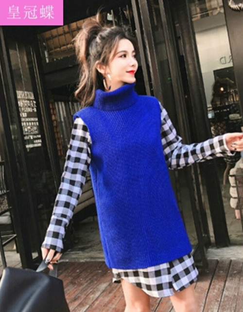 [해외] 격자 무늬 셔츠 넥 스웨터 불규칙 조끼