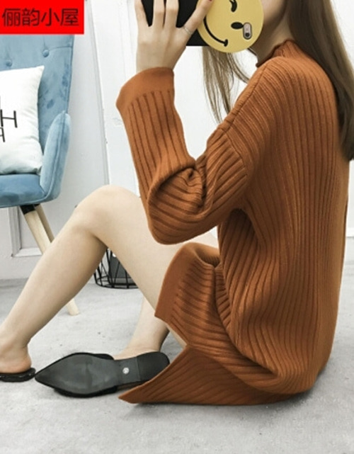 [해외] 하프 넥 스웨터와 분할 슬리브를 바닥으로 긴 섹션 니트 셔츠