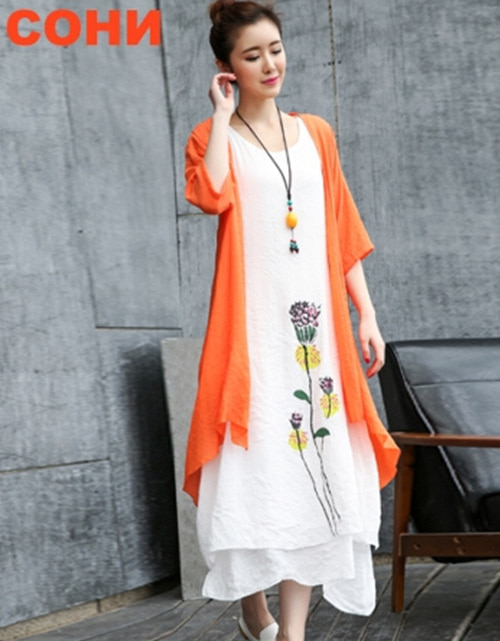 [해외] 콘의 치마 복고풍 프린팅 드레스 세트 봄과 여름