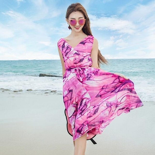 [해외] 여성 비치원피스 바캉스 쉬폰 꽃무늬 섹시 원피스 나시원피스