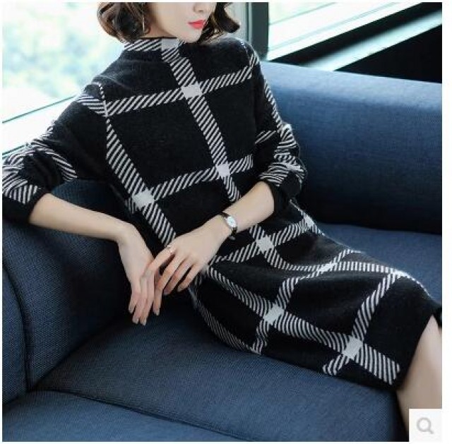 [해외] 인기원피스 여성스웨터 니트원피스 체크무늬 터트넥 목폴라