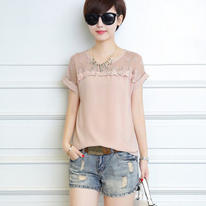 [해외]직구 여름 여성 옥타 비아 레이스 스티치 반팔 쉬폰 티셔츠