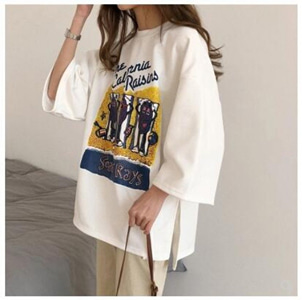 [해외] 인기신상품 여성 티셔츠 학생 기본티 7부소매 롱티셔츠 프린트