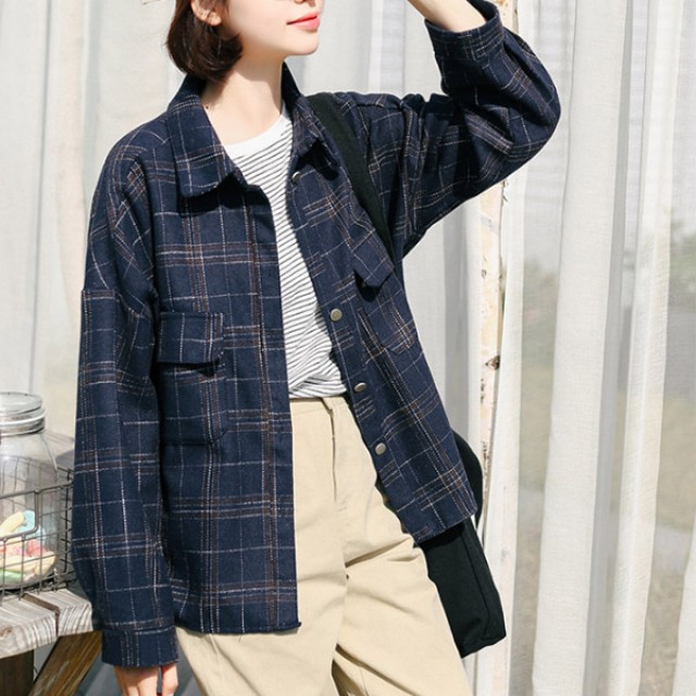 [해외] TOP신상 여성 체크무늬 복고풍 느슨한 캐주얼 셔츠