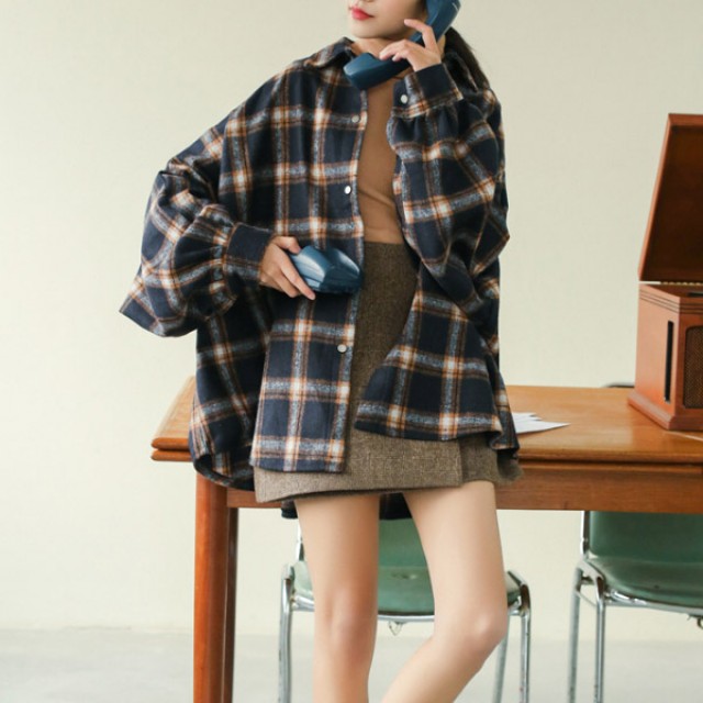 [해외] TOP신상 여성 체크무늬 복고풍 느슨한 캐주얼 모직 셔츠