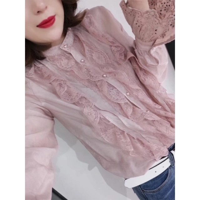 [해외] HOT신상 여성 복고 쉬폰 레이스 티셔츠 펀칭 셔츠
