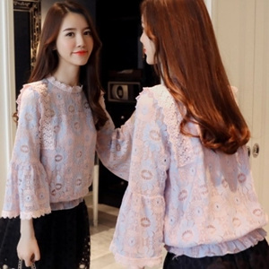 [해외] HOT신상 여성 레이스 블라우스 잔꽃 나팔소매 어깨트임 티셔츠